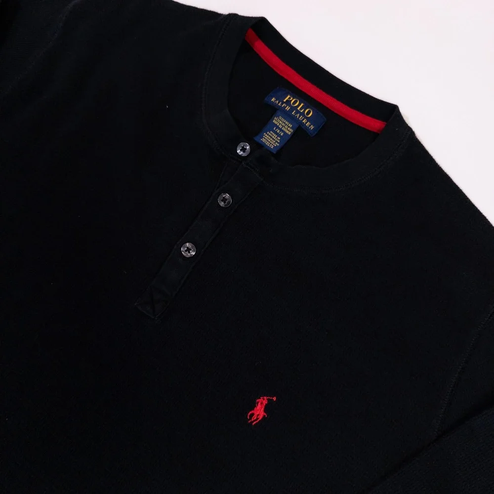Polo Ralph Lauren Henley Shirt Mens Large Black Waffle Knit Thermal